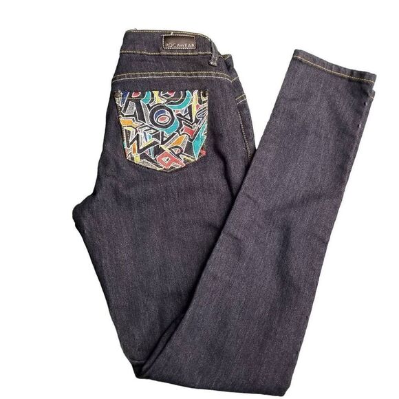 Rocawear Colorful Embroider Pocket Low Rise Straight Dark Blue Jeans - Picture 10 of 10